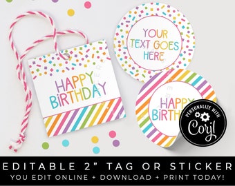 CUSTOMIZABLE Happy Birthday Rainbow Confetti Tag, Rainbow Sprinkles Birthday Mini Cookie Packaging Printable Gift Tag, Corjl #124A VIP