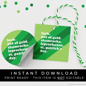 Sofortiger Download St. Patricks Day moderne Cookie Tag zum Ausdrucken, Retro-Farbblock Topf mit Goldkleeblatt Leprechauns Good Luck Tag, #257ID VIP