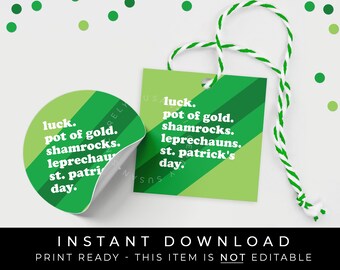 Instant Download St. Patrick's Day Modern Cookie Tag Printable, Retro Color Block Pot of Gold Shamrock Leprechauns Good Luck Tag, #257ID VIP