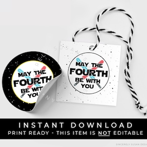 Que le 4e soit avec vous à téléchargement immédiat, Space Wars Galaxy 4 mai imprimable cadeau étiquette autocollant Cookie tag, #114BW4THID VIP