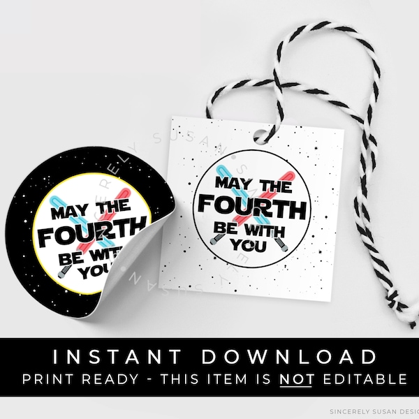 Instant Download May the Fourth Be With You Tag, Space Wars Galaxy May 4th Printable Party Favor Tag Sticker Cookie Tag, #114BW4THID VIP