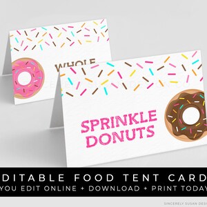 Donut Food Tent Cards Druckbare Geburtstagspartydekoration Regenbogen Streusel Buffet Lebensmitteletiketten Bearbeitbare Vorlage Download, Corjl #005