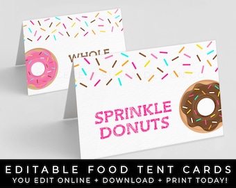 Donut Food Tent Cards Druckbare Geburtstagspartydekoration Regenbogen Streusel Buffet Lebensmitteletiketten Bearbeitbare Vorlage Download, Corjl #005