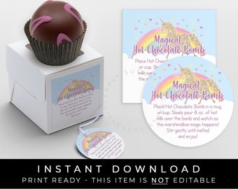 Instant Download Unicorn Hot Chocolate Bomb Tag, Printable Bomb Directions Instructions Magical Rainbow Unicorn Bomb Gift Tag, #018ID VIP