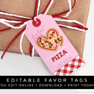 Pink Valentine's Day Pizza Party Favor Tag, Heart Pizza Thank You Grazie, Pizza Birthday Party Theme Printable Editable Download Corjl #098M