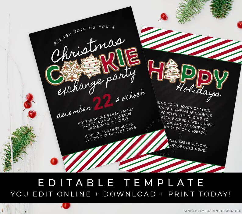 Christmas Cookie Exchange Invitation Holiday Party Gingerbread Cookies Chalkboard Invite Editable Template Download Printable Corjl 075A VIP