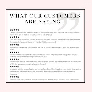 May include: A white background with a black border and a quote from customers about a shop on Etsy. The text reads "What our customers are saying..." and includes five-star reviews with positive comments about the shop's products and customer service.