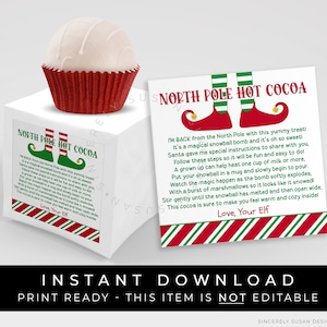 Instant Download Elf Hot Cocoa Bomb Tag, North Pole Christmas Chocolate Bomb Directions Printable I'm Back Elf Note Square Sticker #199A VIP