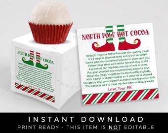 Instant Download Elf Hot Cocoa Bomb Tag, North Pole Christmas Chocolate Bomb Directions Printable I'm Back Elf Note Square Sticker #199A VIP