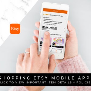 May include: A screenshot of the Etsy mobile app showing a listing for a rainbow birthday invitation template. The listing is titled "Rainbow Birthday Invitation" and features a colorful rainbow design. The listing is favorited by 174 people. The text "SHOPPING ETSY MOBILE APP? CLICK TO VIEW IMPORTANT ITEM DETAILS + POLICIES!" is displayed below the image.