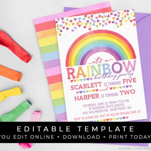 Joint Rainbow Birthday Invitation Printable Party Invite Girl Sisters Sibling Confetti Hearts Editable Instant Template Download Corjl #016C