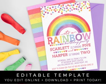 Joint Rainbow Birthday Invitation Printable Party Invite Girl Sisters Sibling Confetti Hearts Editable Instant Template Download Corjl #016C
