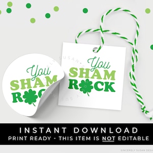 Download instantâneo You Sham ROCK Tag de biscoito do dia de São Patrício, Lucky Green Shamrock 4 Leaf Clover Good Luck Cookie Tag para impressão, # 240BID VIP
