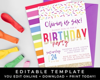 Rainbow Birthday Invitation Confetti Sprinkles Editable Printable Girl Birthday Party Invite Instant Digital Download Template, Corjl #019A