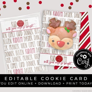 CUSTOMIZABLE Rudolph the Red Nose Reindeer Christmas Cookie Card Printable, Santa's Reindeer Holiday Mini Cookie Card, Corjl #194 VIP