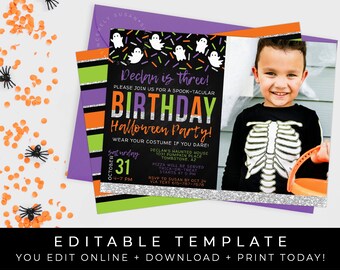 May include: Editable Halloween birthday party invitation template with a purple, orange, and green striped background. The invitation features a ghost graphic, silver glitter, and a photo of a child in a skeleton costume. The text on the invitation reads "Declan is three!" and "Birthday Halloween Party!"