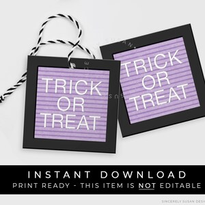即時ダウンロード トリック・オア・トリート パープル ハロウィン レターボード クッキー タグ、印刷可能なハッピーハロウィン パーティー 記念品タグ、#176DID VIP