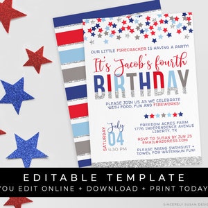 4th of July Birthday Invitation Patriotic Stars Red White & Blue Little Firecracker Birthday Template Download Printable Invite Corjl 065A image 1
