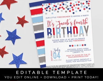4th of July Birthday Invitation Patriotic Stars Red White & Blue Little Firecracker Birthday Template Download Printable Invite Corjl #065A