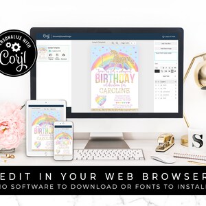 Unicorn Birthday Invitation Printable, Magical Unicorn Invitation Download, Rainbow Unicorn Editable Invitation Template Invite, Corjl #018A image 2