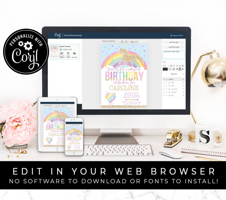 Unicorn Birthday Invitation Printable, Magical Unicorn Invitation Download, Rainbow Unicorn Editable Invitation Template Invite, Corjl #018A image 2