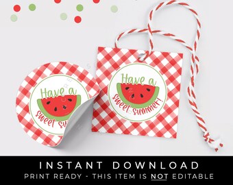 Instant Download Have A Sweet Summer Watermelon Cookie Tag Printable, Red Gingham Check Picnic Watermelon Gift Tag, #276GID VIP