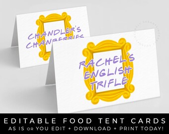 Friends Party Food Label Buffet Place Card Printable Friends TV Show Theme Buffet Table Card Editable Food Tent Template Download Corjl #084