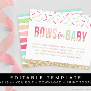 May include: A printable baby shower invitation with gold glitter text that reads "BOWS for BABY". The invitation asks guests to bring a headband bow for the baby girl. The background is a colorful confetti pattern.