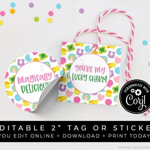 CUSTOMIZABLE You're My Lucky Charm Mini Cookie Tag or Sticker, Printable St. Patrick's Day Magically Delicious Editable Tag, Corjl 101 VIP image 1