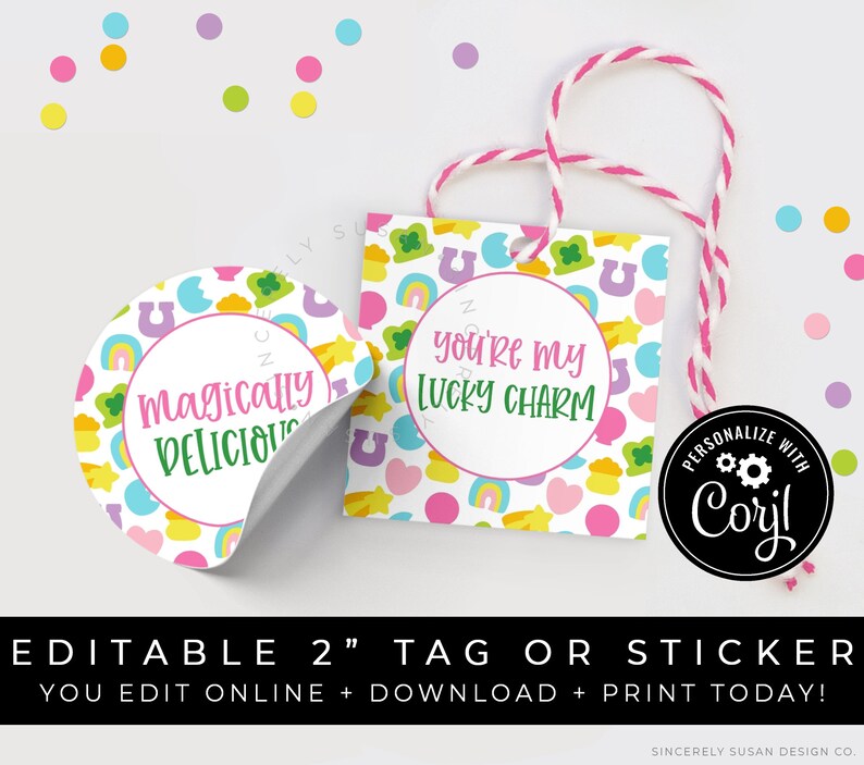 CUSTOMIZABLE You're My Lucky Charm Mini Cookie Tag or Sticker, Printable St. Patrick's Day Magically Delicious Editable Tag, Corjl 101 VIP image 1