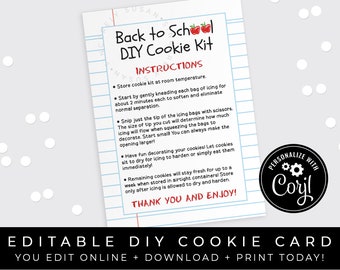 CUSTOMIZABLE Back to School DIY Cookie Kit Instructions Printable Card, Apple Notebook Paper Personalized Bts Packaging, Corjl #115NB VIP