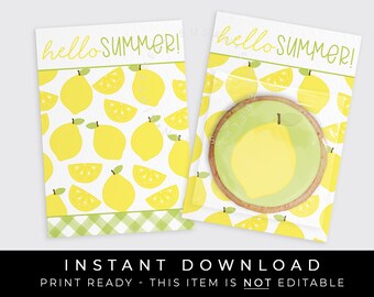 Instant Download Lemon Cookie Card Printable, Hello Summer Mini Lemon Cookie Backer, Summer Lemonade Gingham Check, #275GID VIP