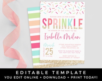 Rainbow Baby Sprinkle Invitation Girl Sprinkles Confetti Baby Shower Invite Pink and Gold Printable Editable Template Download, Corjl #044