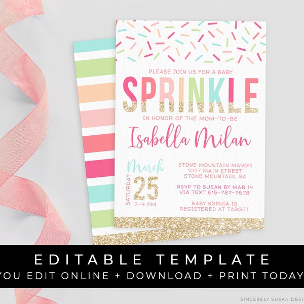 Rainbow Baby Sprinkle Invitation Girl Sprinkles Confetti Baby Shower Invite Pink and Gold Printable Editable Template Download, Corjl #044