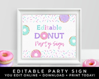 Donut Birthday Party Sign Printable Party Decorations Donut Sprinkles Editable Custom Sign Instant Digital Template Download Corjl #002