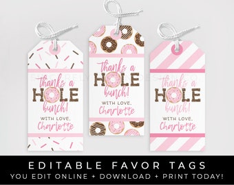 May include: Three pink and brown donut-themed favor tags with the text "Thanks a Hole bunch!" and the name "Charlotte".