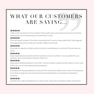 May include: A white background with a black border and a quote from customers about a shop on Etsy. The text reads "What our customers are saying..." and includes five-star reviews with positive comments about the shop's products and customer service.
