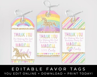 Rainbow Unicorn Birthday Favor Tags Editable Thank You Gift Tag Template Printable Magical Unicorn Rainbow Hearts Glitter Party, Corjl #018