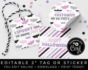 CUSTOMIZABLE Bats Halloween Tag, Purple Pink Halloween Cookie Tag Printable, Spooky Treat for Someone Sweet Party Favor, Corjl #173 VIP