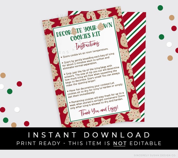 Instant Download Christmas Decorate Your Own Cookie Kit, Holiday DIY Gingerbread Cookies Decorating Kit Instructions Printable, #188AID VIP