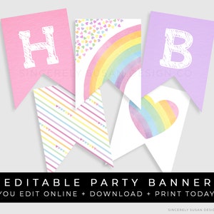 Rainbow Birthday Banner Printable Party Decorations Editable Pastel Rainbow Hearts Confetti Bunting Instant Download Template, Corjl #015