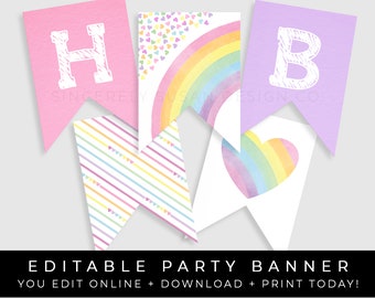 Rainbow Birthday Banner Printable Party Decorations Editable Pastel Rainbow Hearts Confetti Bunting Instant Download Template, Corjl #015