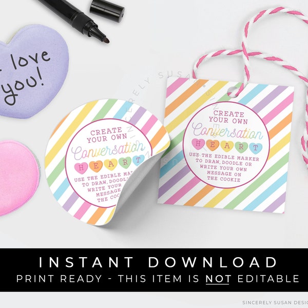 Instant Download Valentine's Day Create Your Own Candy Heart Cookie Tag Printable Sweet Talk Conversation Valentine Heart Label, #218EID VIP