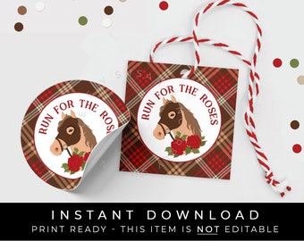 Instant Download Kentucky Derby Run for the Roses Horse Race Tag Printable, Plaid Derby Red Roses Cookie Tag or Favor Tag, #166AID VIP