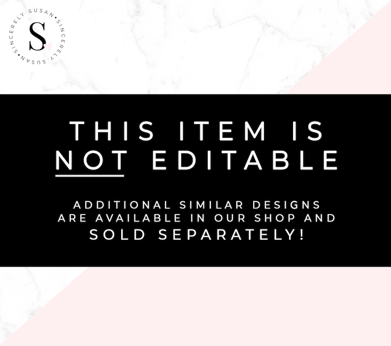 Puede incluir: Un rect&aacute;ngulo negro con el texto blanco "THIS ITEM IS NOT EDITABLE". Debajo, se lee "ADDITIONAL SIMILAR DESIGNS ARE AVAILABLE IN OUR SHOP AND SOLD SEPARATELY!". El fondo es blanco con un dise&ntilde;o rosa y marmolado.