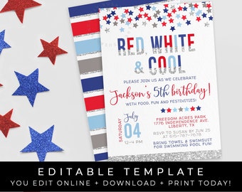 Red White and COOL 4th of July Birthday Invitation Patriotic Stars Stripes Editable Template Download Printable ANY Age Invite Corjl #057E