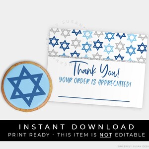 Instant Download Hanukkah Thank You For Your Order Customer Name Card Tag, Blue Star of David Holiday Cookie Order Pickup Tag, #207ID VIP