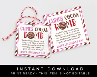 Descarga instantánea Etiqueta de bomba de cacao caliente de Cupido, Instrucciones de etiqueta de regalo de pegatina cuadrada de bomba de chocolate caliente de San Valentín imprimible, #231AID VIP