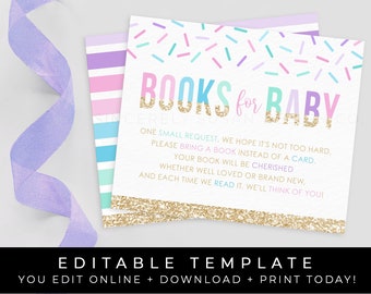 Sprinkles Books for Baby Insert Card Baby Shower Gift Book Request Baby Library Invitation Editable Printable Template Download, Corjl #014