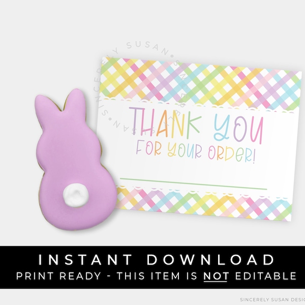 Instant Download Thank You For Your Order Customer Name Card Tag, Spring Pastel Gingham Easter Cookie Order Pickup Tag, #256ID VIP